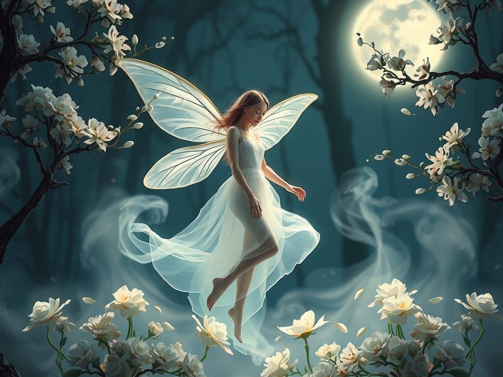 Moonlit Fairy in a Dreamy, Vaporwave Night Scene