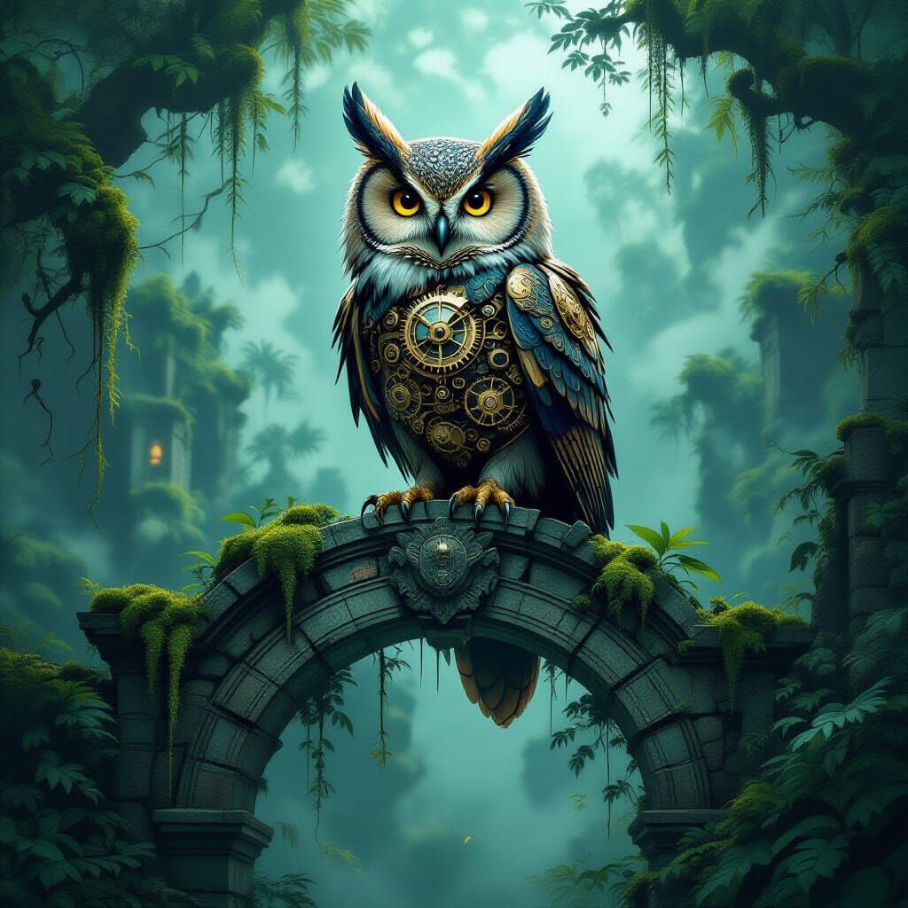 Clockwork Owl on Mossy Archway in Steampunk Jungle