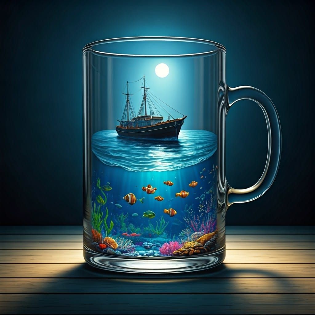 Ocean Scene Inside Crystal Teacup: Digital 3D Art