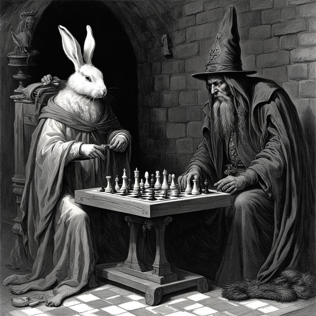 Rabbit and Wizard Play Chess for Raven King