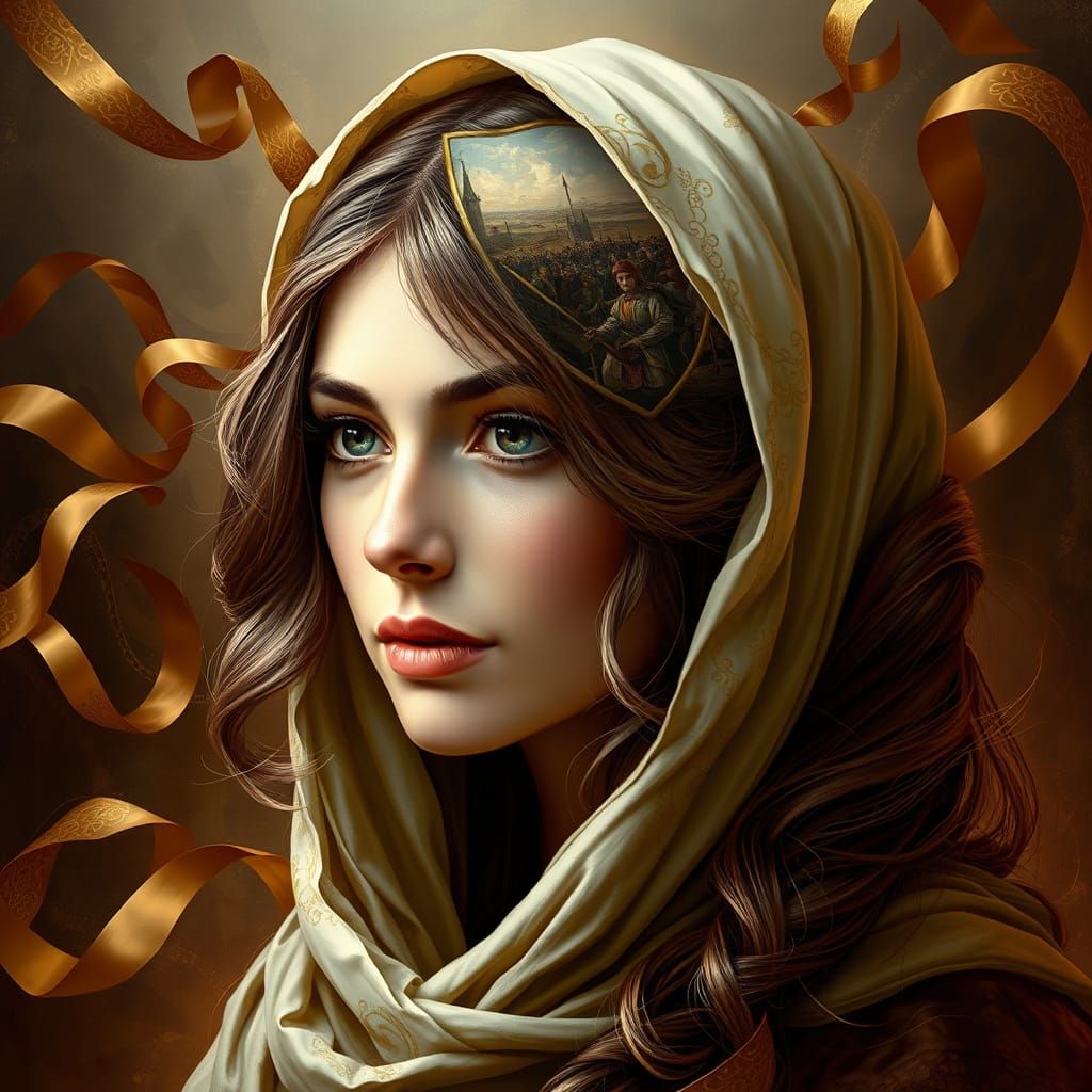 Polish Woman Portrait with Grunwald Headscarf