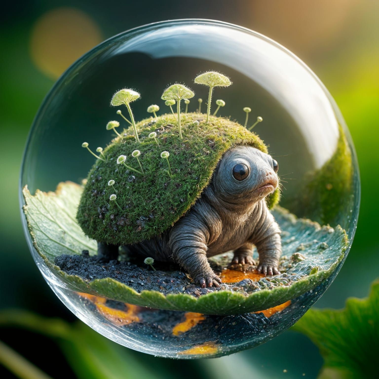 A tiny, moss-covered tardigrade as a guardian of a miniature volcanic island within a dewdrop.