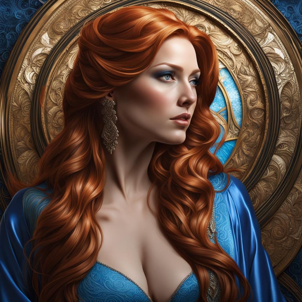 beautiful mature woman with long ginger hair and blue eyes :: chubby, fat, obese :: fancy dress :: portrait :: highly in...