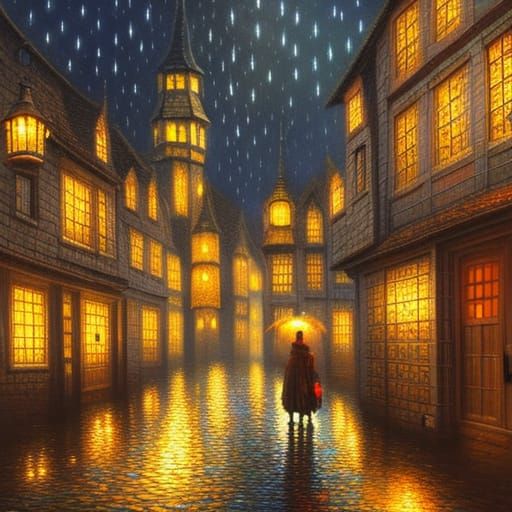Medieval Alley: Lonely Figure in Rainy, Dimly Lit Scene
