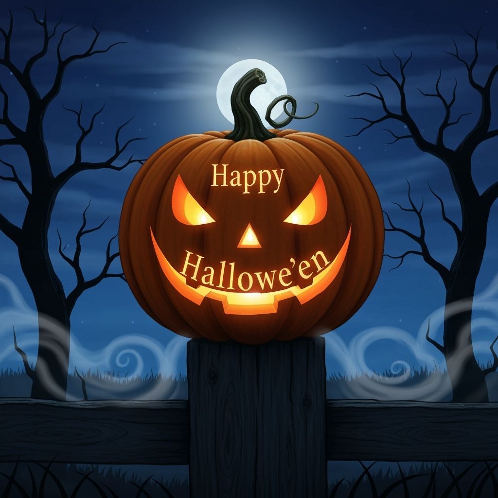 Glowing Jack-o'-Lantern with "Happy Hallowe'en" Carving