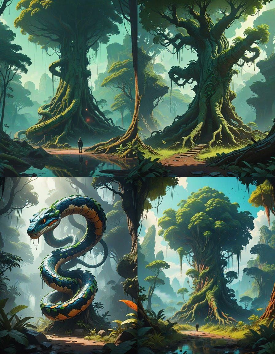 Enchanted Amazonia: A Snake Descends into Radiant Sunlight