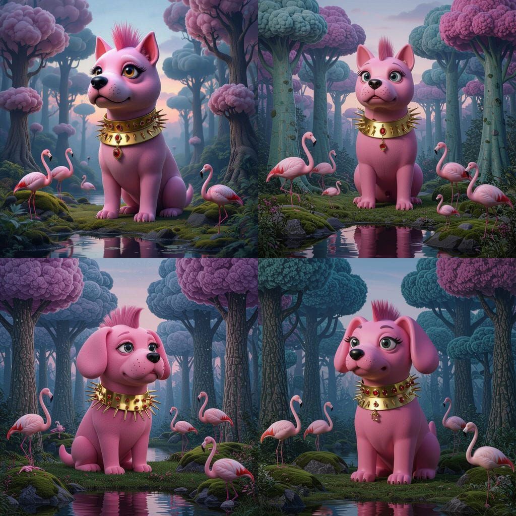 Surreal Twilight Forest with Pink Dog-Creature