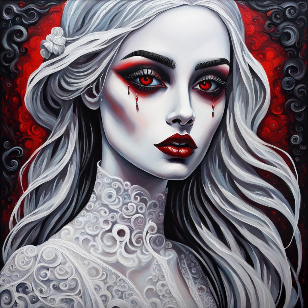 Ethereal Gothic Girl with Red Eyes in Expressionist Style