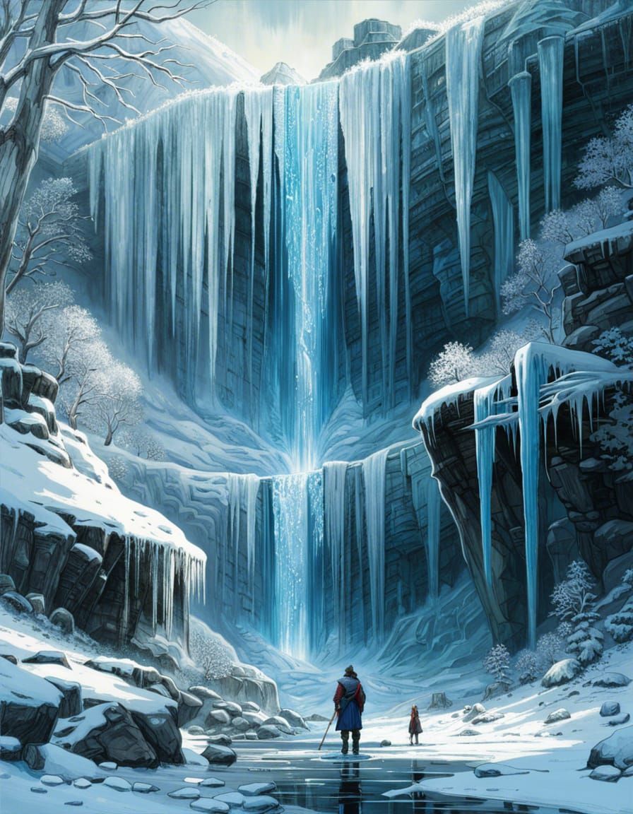 Icy Waterfall Fantasy Landscape in Maximalist Style