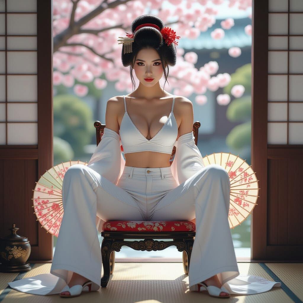 Geisha in Jeans Among Cherry Blossoms