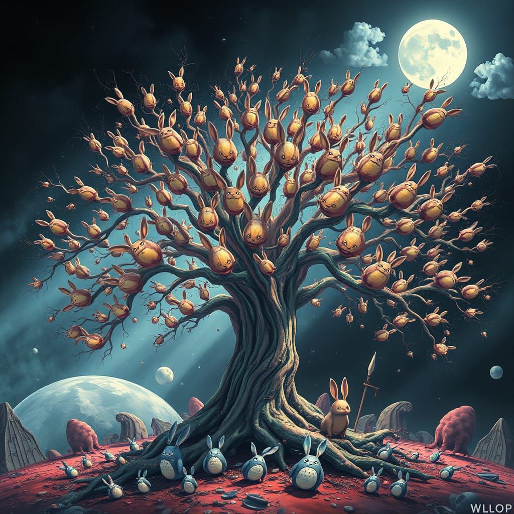Surreal Fractal Bunny Tree with Evil Totoro Leaves