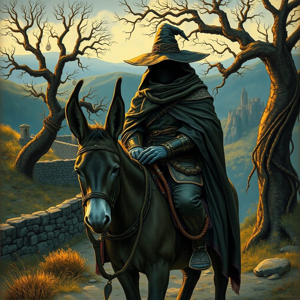 Mystical Rider in Medieval Landscape, Fantasy Illustration
