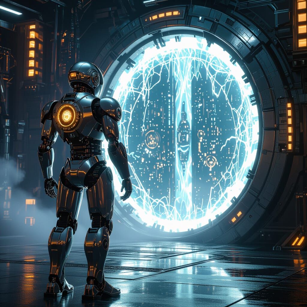 Chrome Robot Guardian of Steampunk Portal