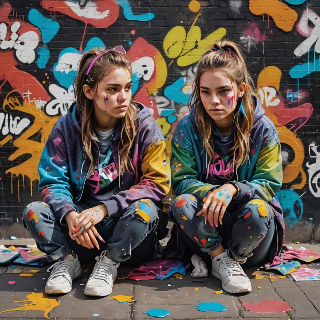 Twins in Urban Street Art: Glassmorphism Style