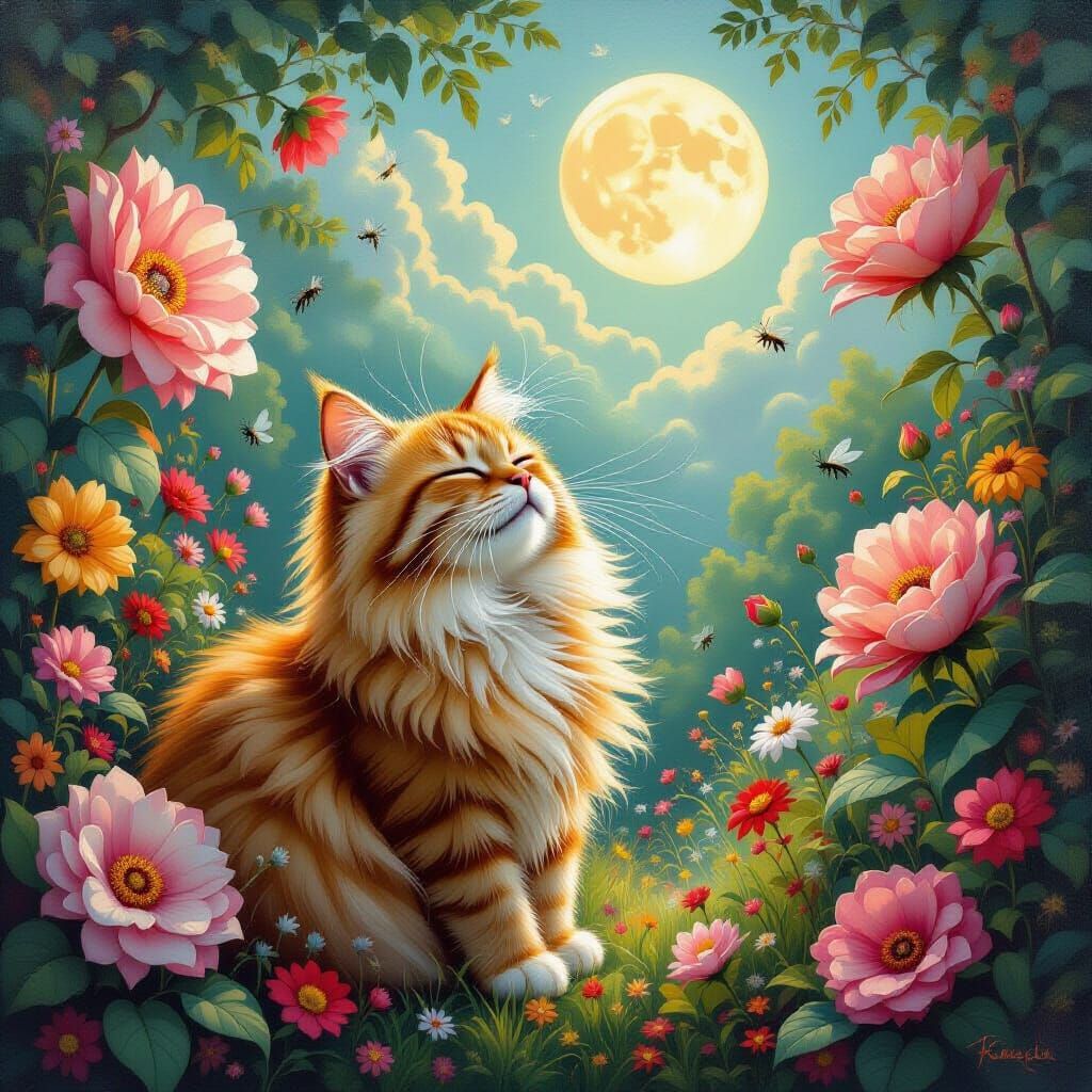 Whimsical Cat's Dream of Flying Over Vibrant Garden