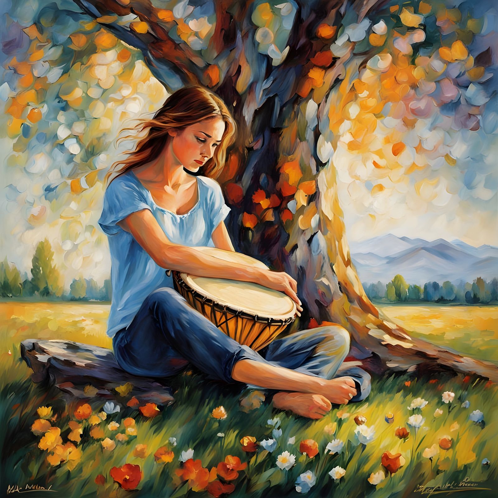 Expressive Girl Plays Djembe in Whimsical Landscape