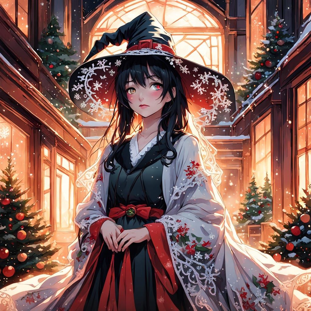 Enchanting Witch Girl Stares into Winter Wonderland