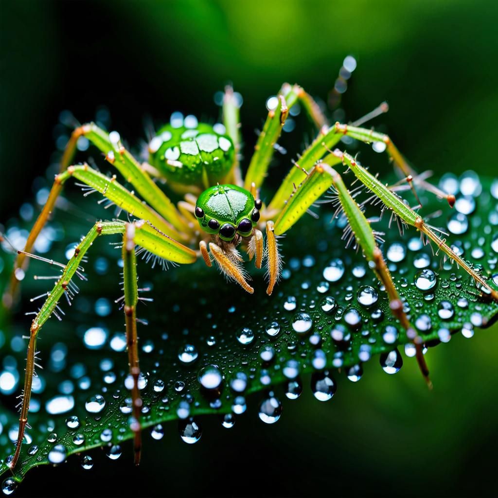 Green Lynx Spider with Water Droplets: Hyperrealistic Photo