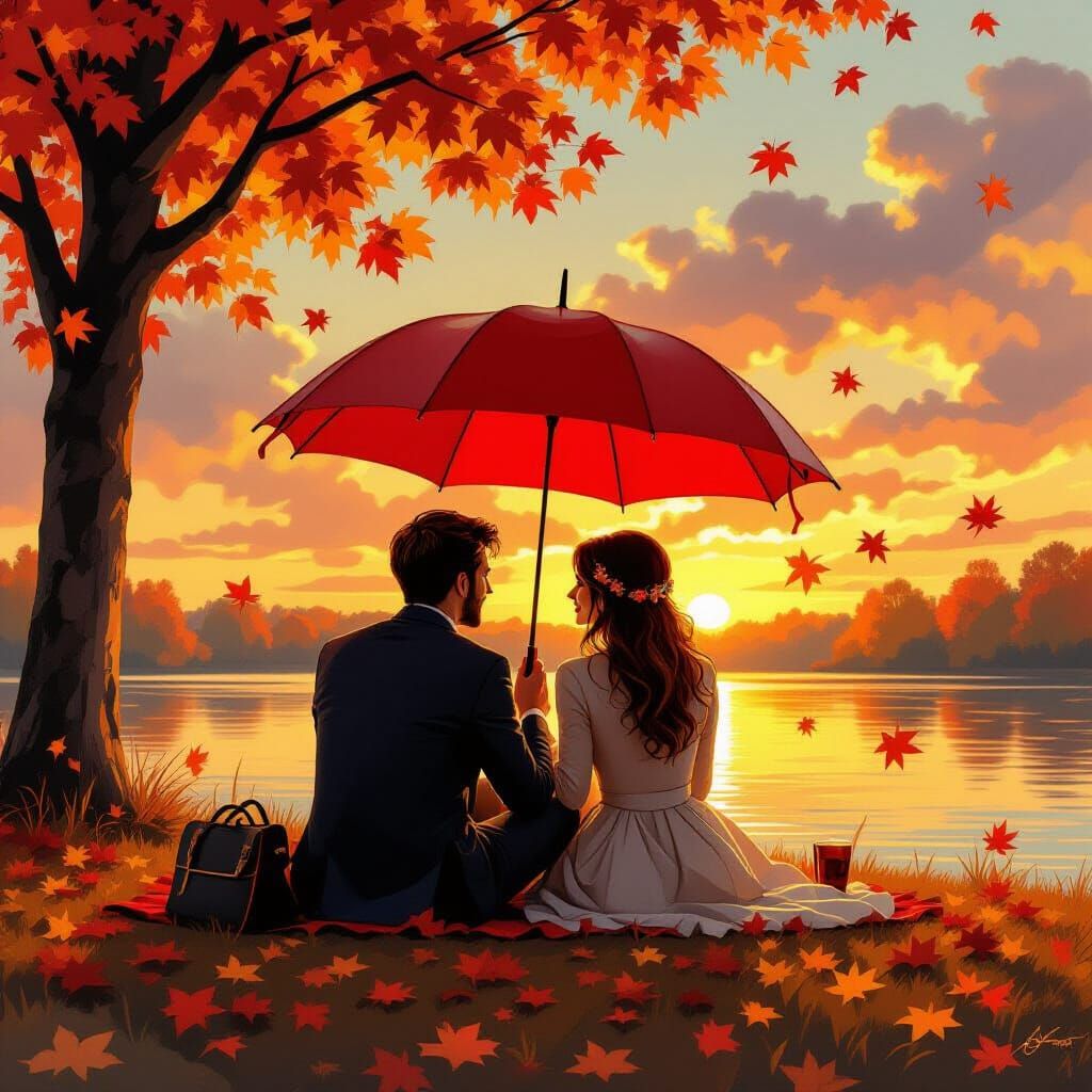 Couple Camping in Autumn Under Red Umbrella