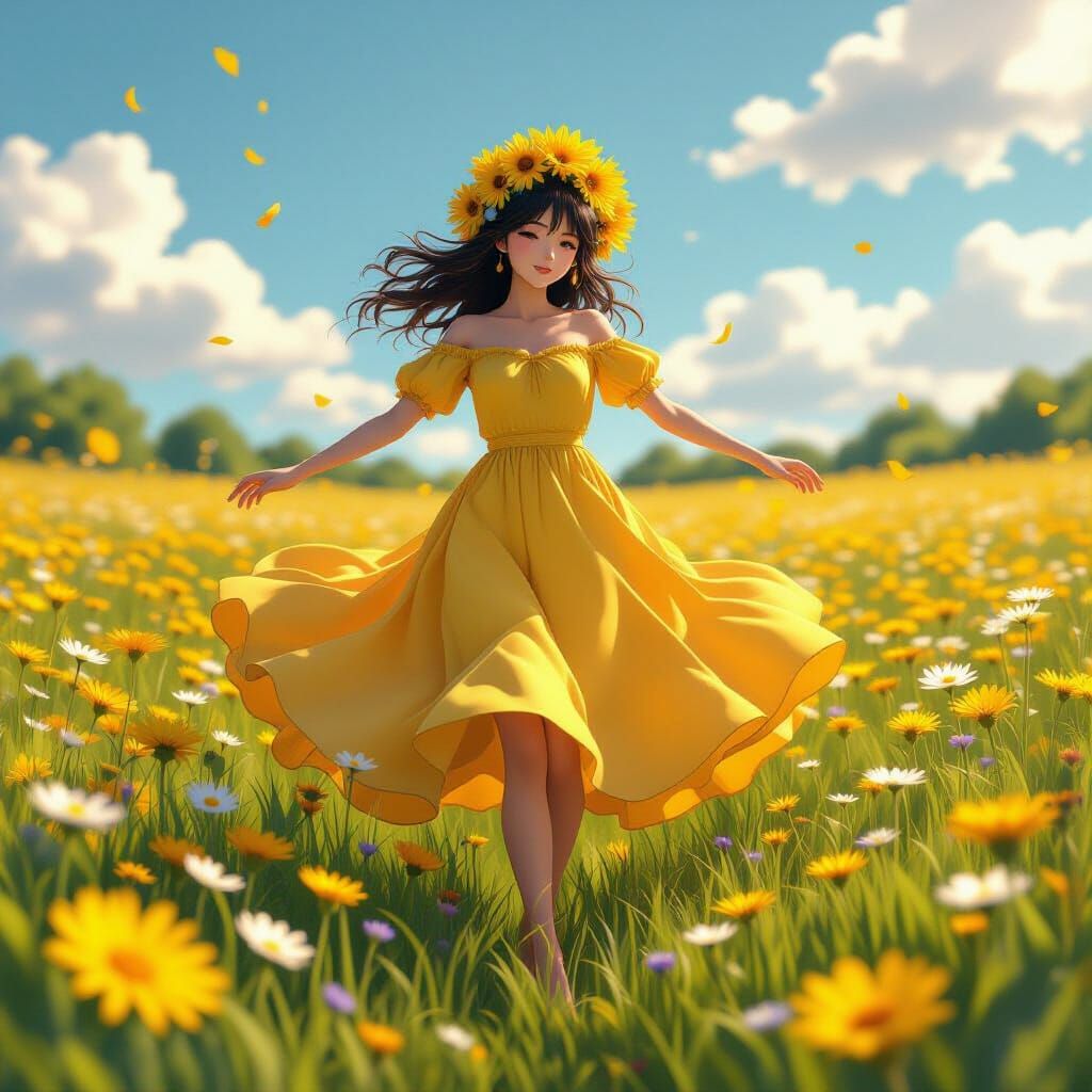 Dandelion Humanoid Dancing in Flower Field: 3D Anime