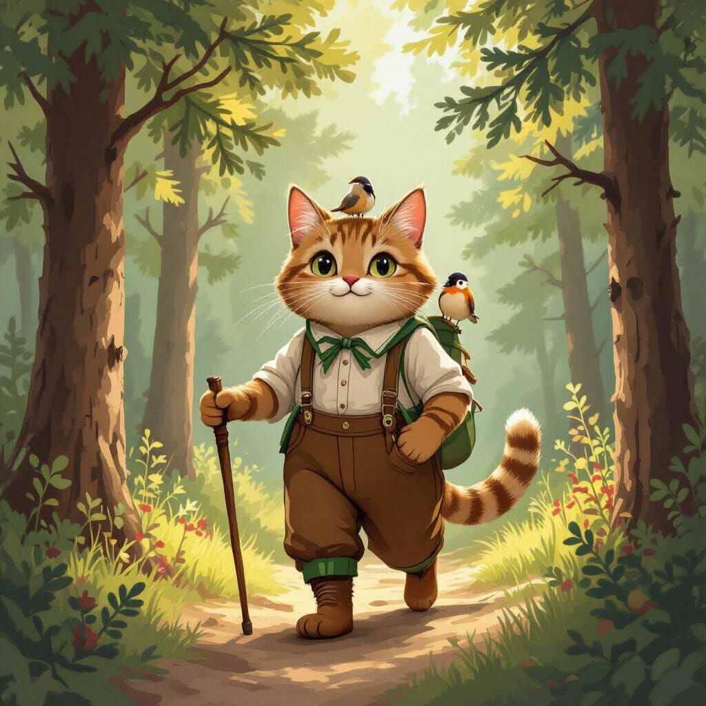 Cat in Lederhosen Strolling Through Forest, Potter Style