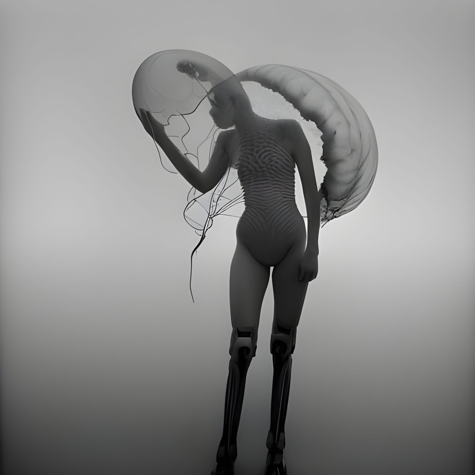 Cyborg Girl with Robot Jellyfish in Alien Tech