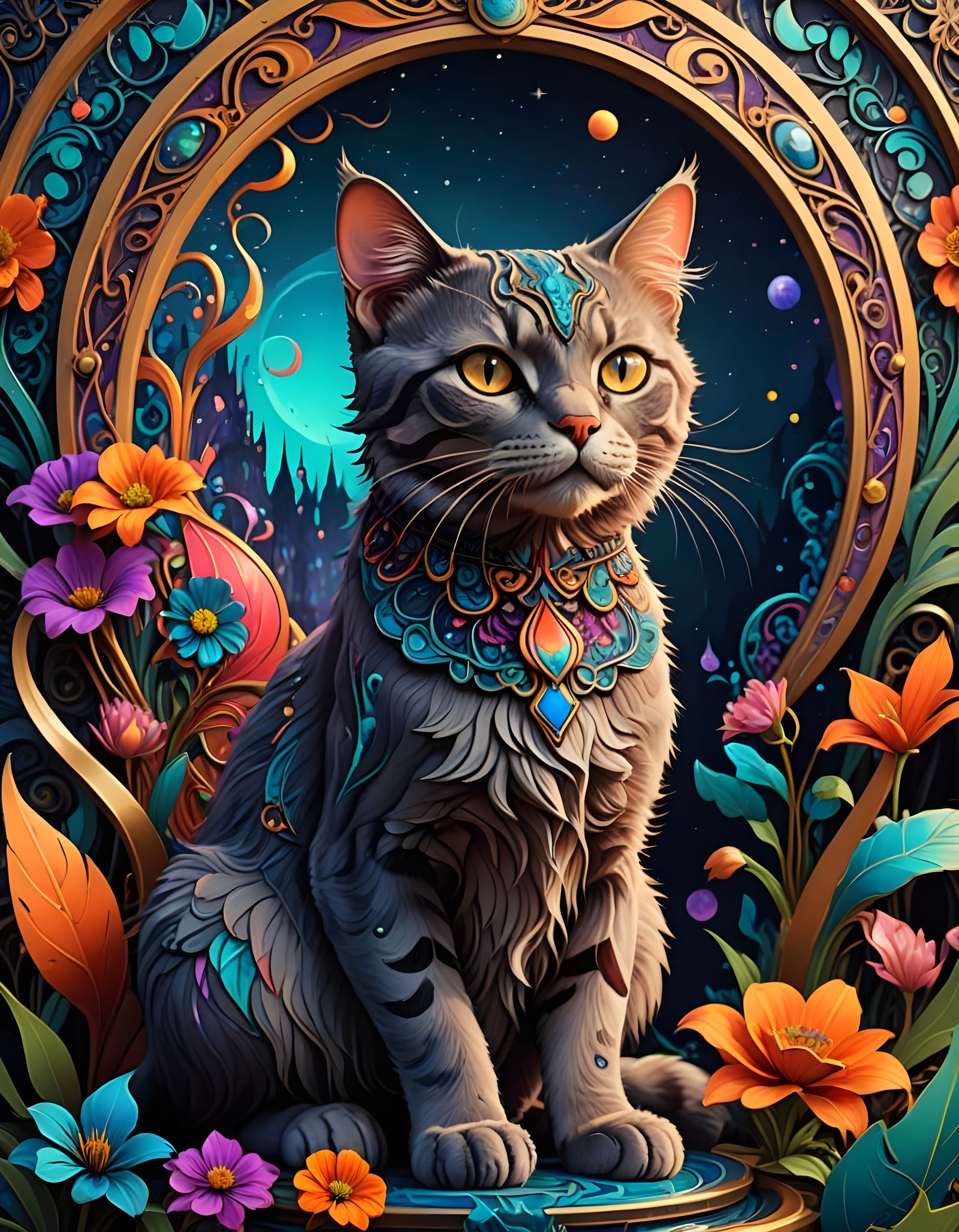 Magical cat and flowers