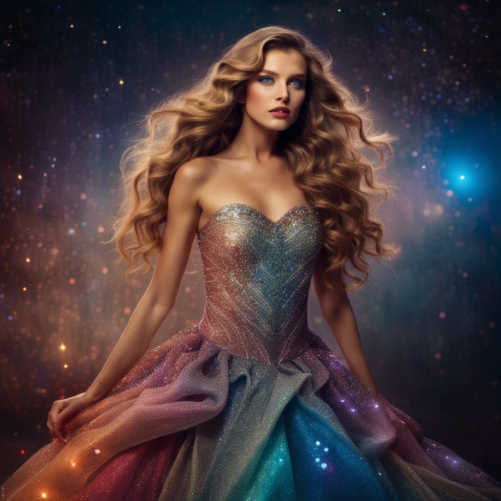 Stunning Woman in Glittering Gown at Dawn