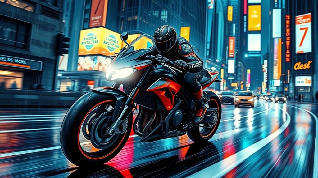 High-Tech Motorcycle Speeds Through Neon City Streets