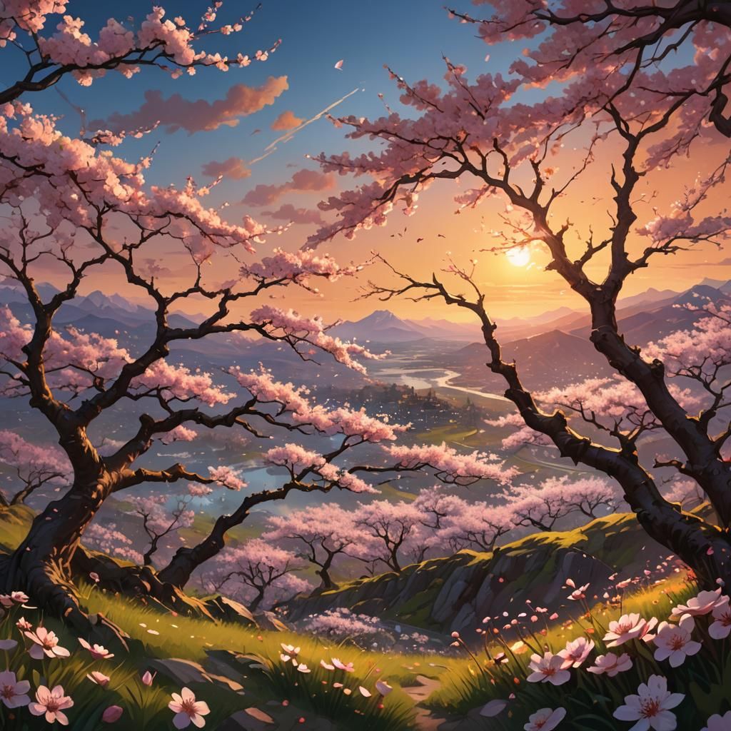Cherry Blossoms at Sunset in Art Nouveau Style