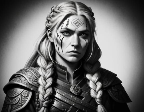 Viking Warrior Woman in Traditional Illustration Style