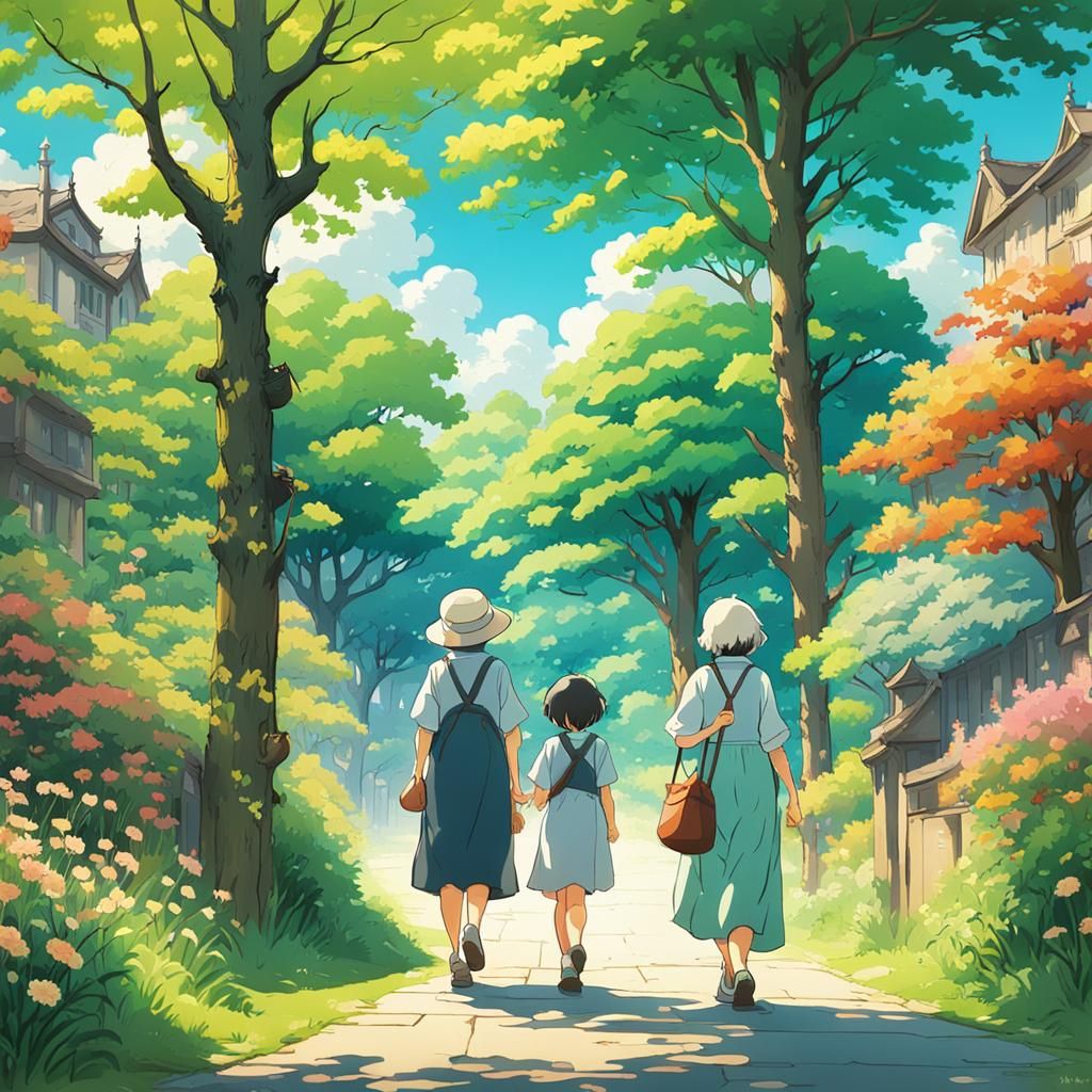 Grandmother and Grandchildren in Ghibli-Style Park