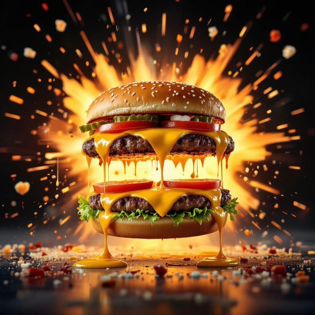 Exploding Cheeseburger with Dripping Cheese and Toppings