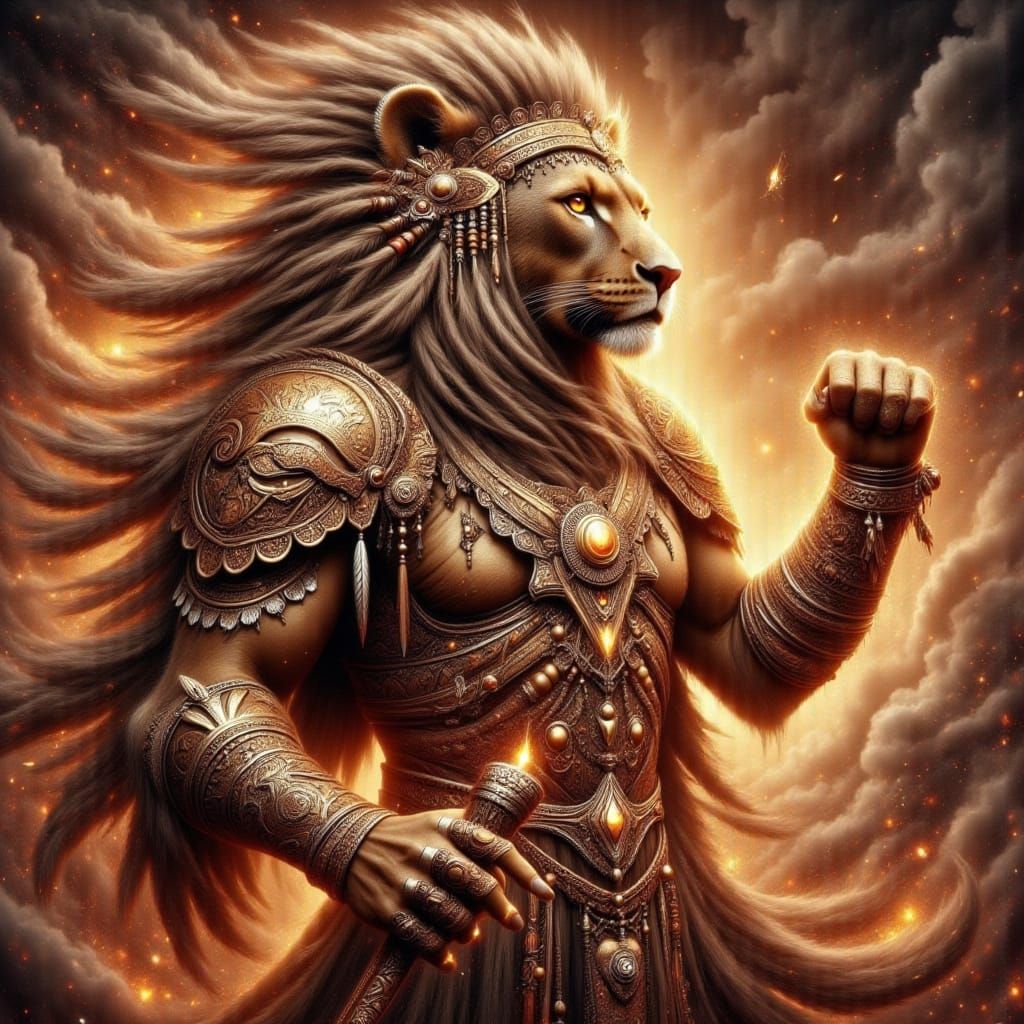 Lion Warrior in Golden Armor, Fantasy Art