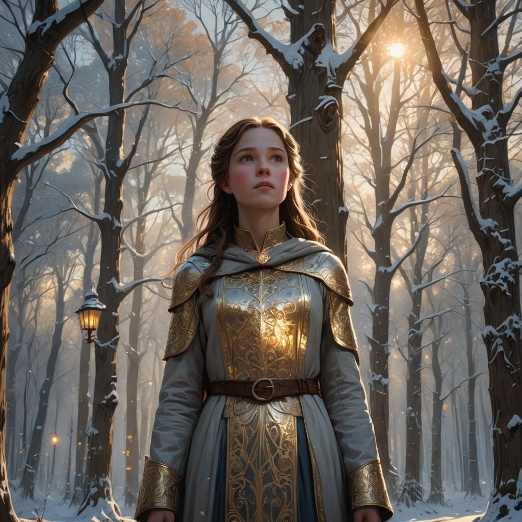 Lucy Pevensie at Narnian Lamppost: Art Nouveau Portrait