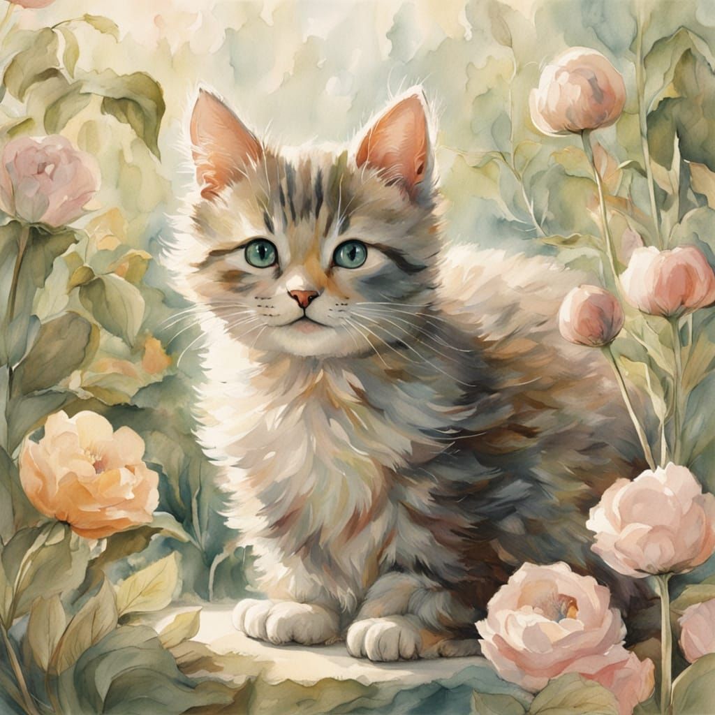 Whimsical Springtime Kitten in Watercolor Storybook Style