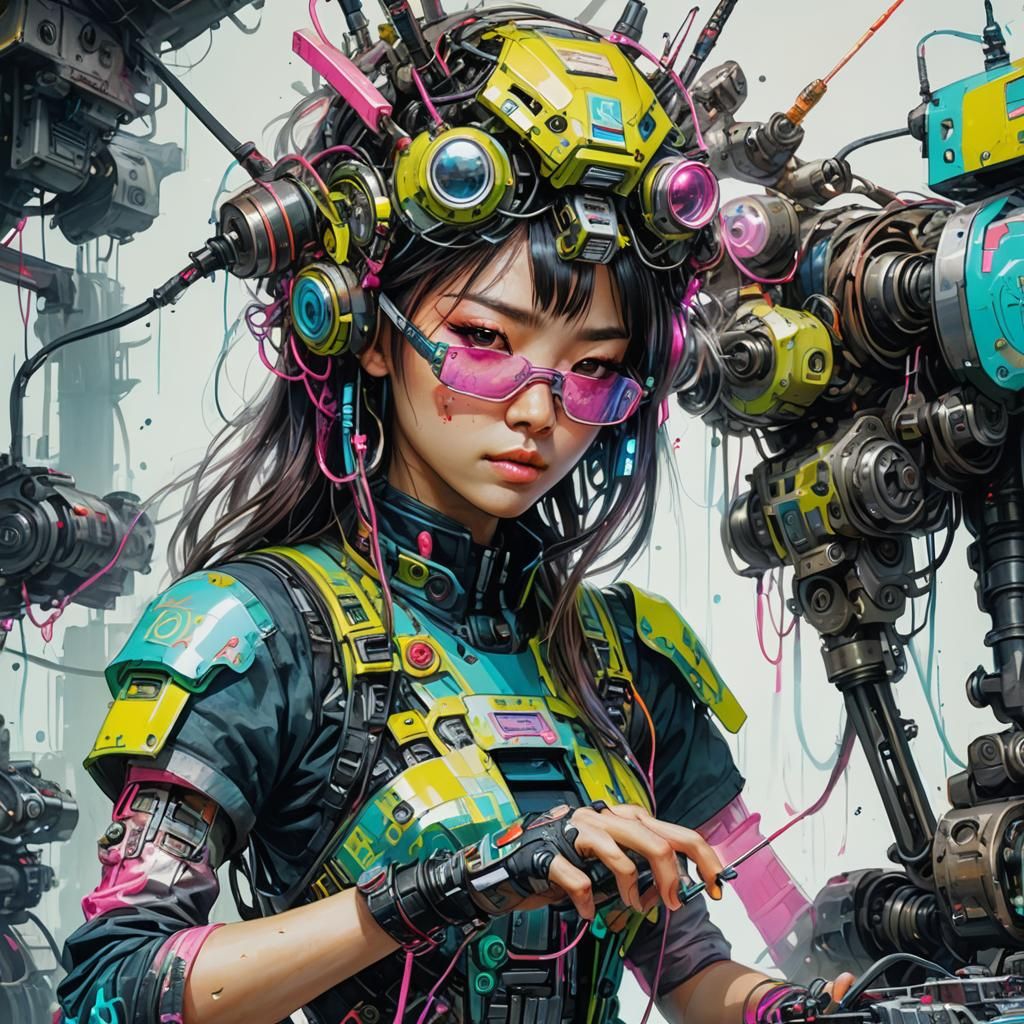 Asian Punk Girl Repairs Cyber Battle Robot