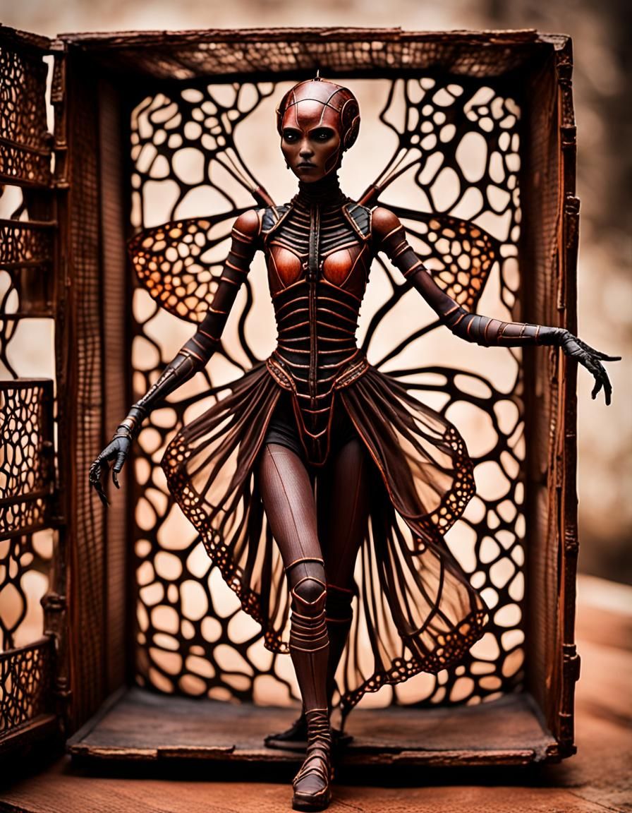 Insectile Dancer Emerges from Mahogany Box