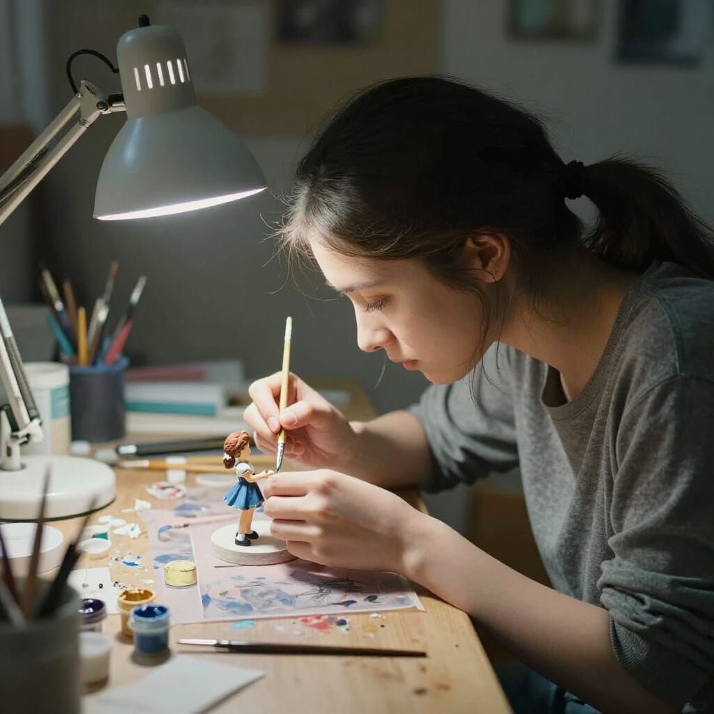 Artist Paints Miniature Figurine Under Desk Lamp