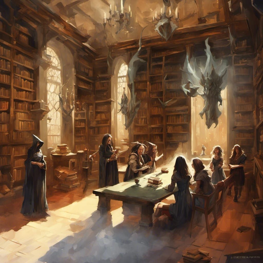 Witches Gossiping in a Dark Fantasy Library