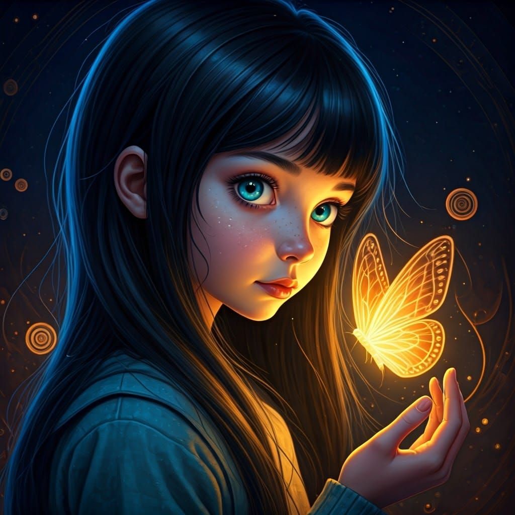 Luminous Girl with Butterfly in Surreal Night