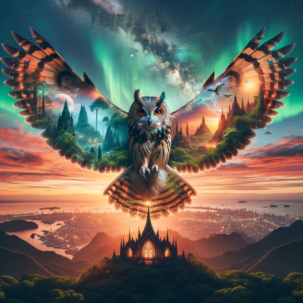 Grand Owl in Double Exposure Digital Art