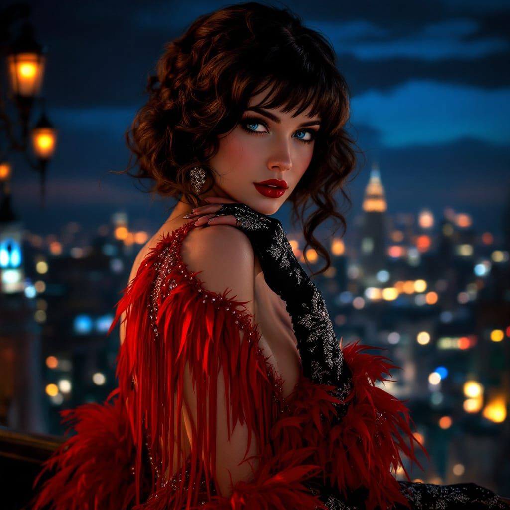 Elegant Flapper in Crimson Dress, Detailed Matte Painting