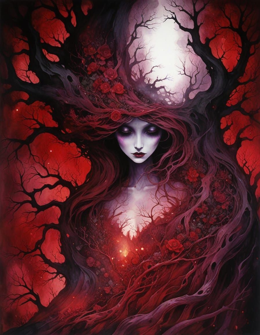 Mysterious Crimson Woman in Paleo-Christmas Scene