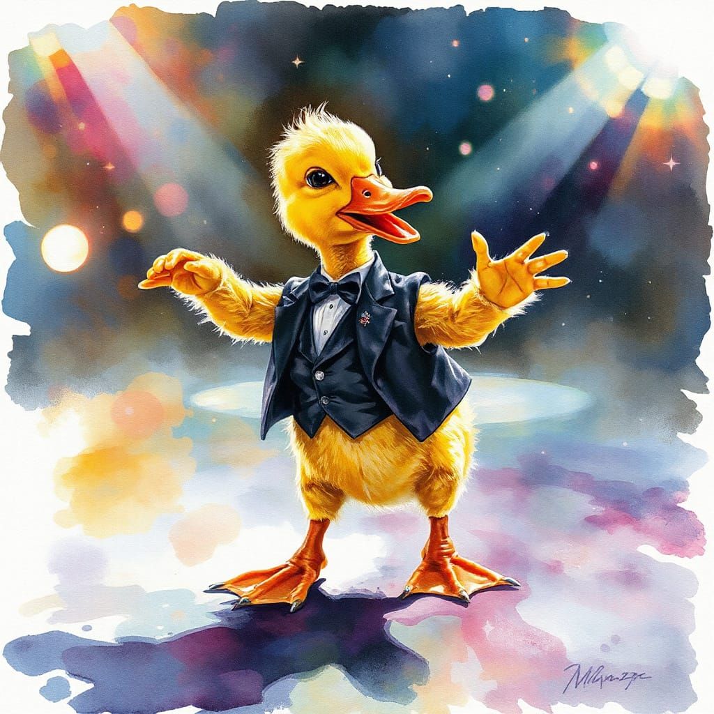 Duckling Dances in Watercolor Fantasy Art Style