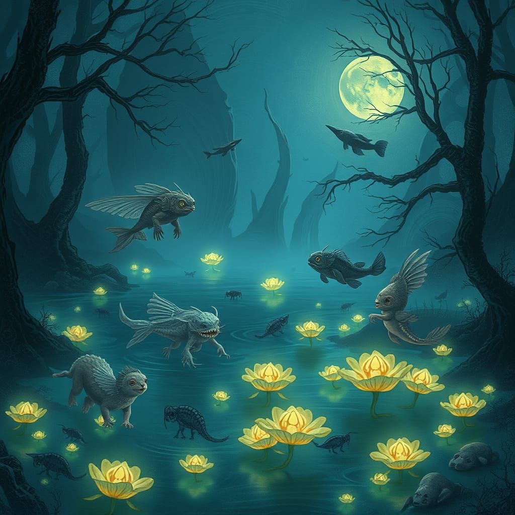 Ethereal Aquatic Life Dances in Haunted Aetherpunk Lake