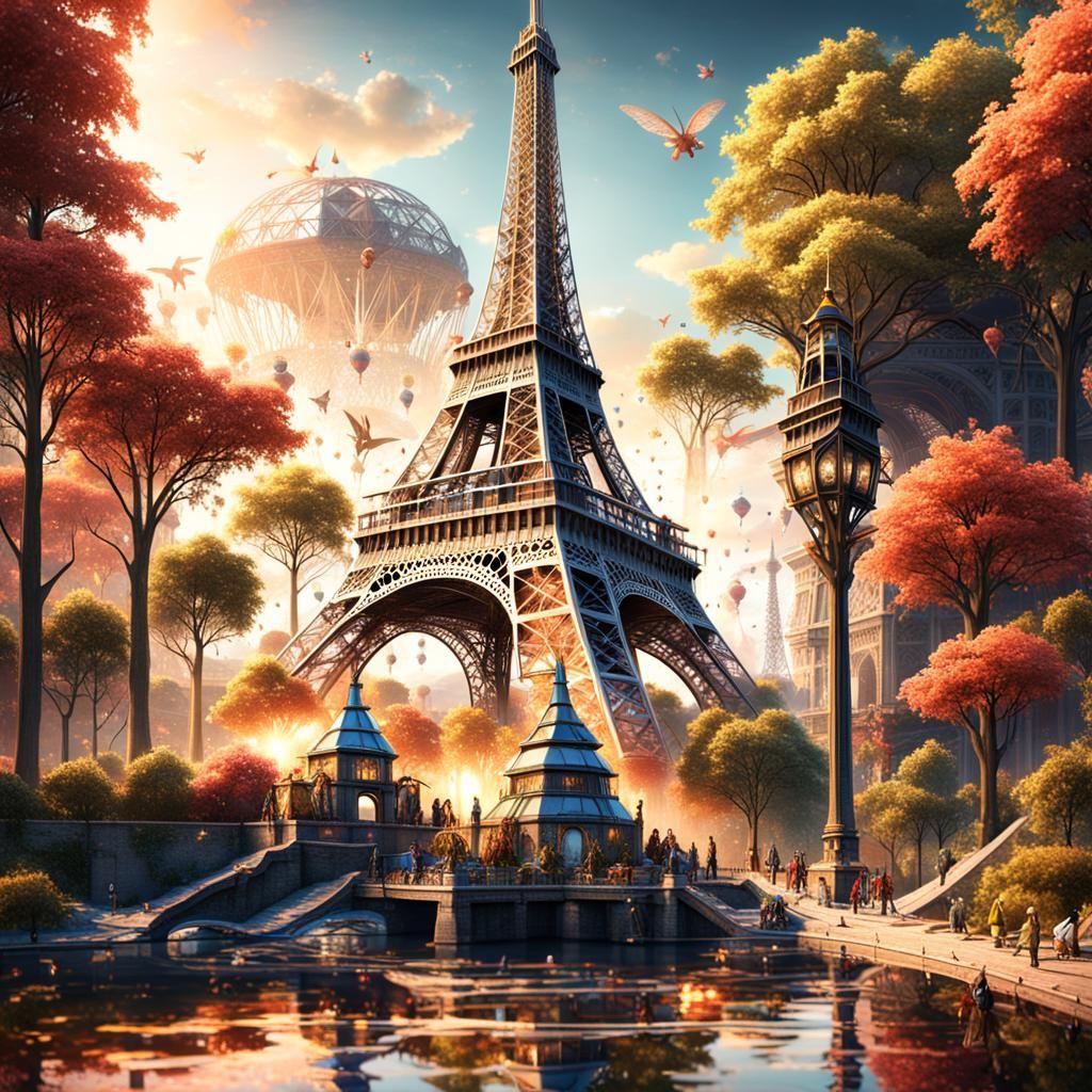 Eiffel Tower Construction with Fairies: Fantasy Art