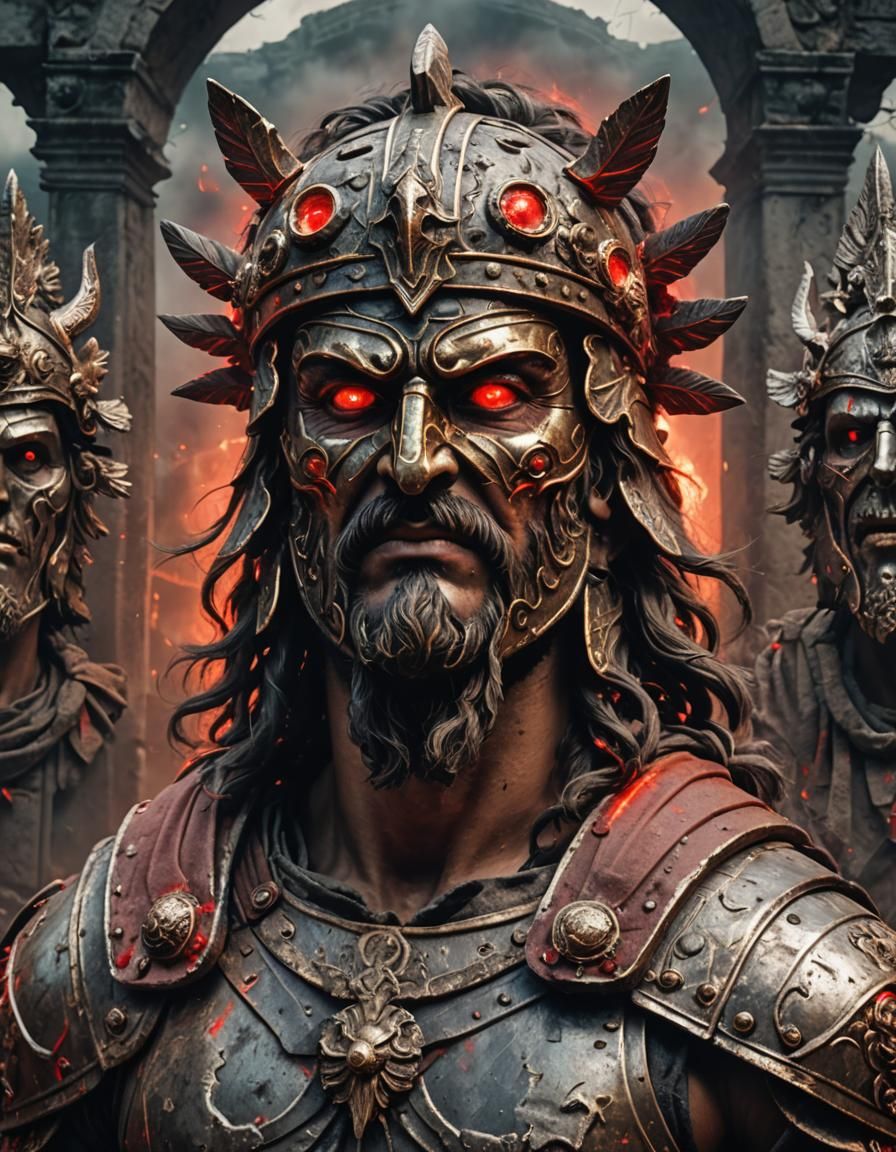 Roman War God with Red Eyes in Battle