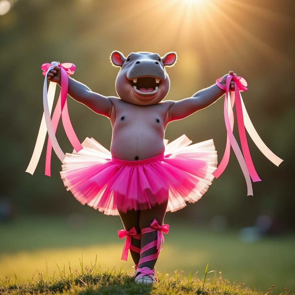 Hippopotamus Ballerina Twirling in Pink Tutu, Close-Up Portr...