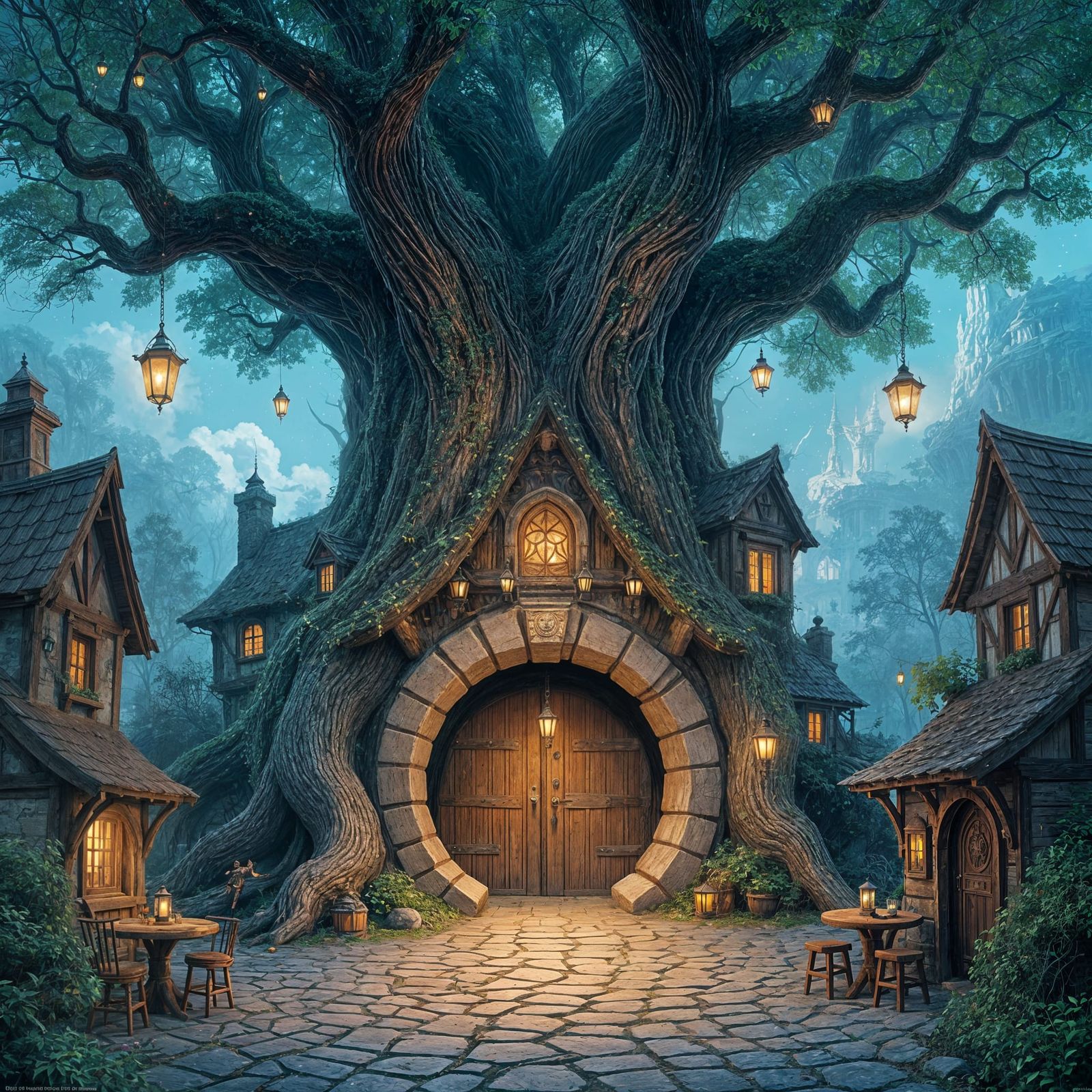 Fantastical Tree Tavern Entrance with Cobblestone Alley